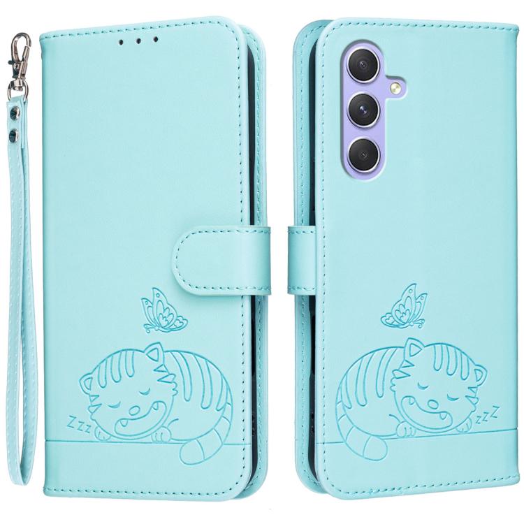 Custodia per telefono in ecopelle con cinturino e stampa a rilievo di gatto e farfalla, con protezione RFID., For Galaxy A16 5G / 4G, For Galaxy A15 5G, For Galaxy A55 5G