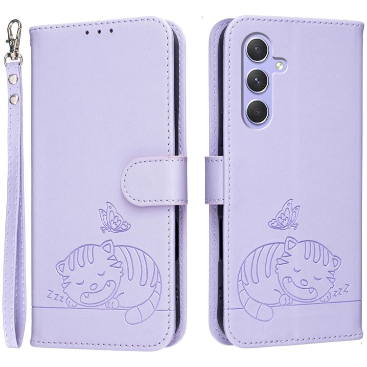 Custodia per telefono in ecopelle con cinturino e stampa a rilievo di gatto e farfalla, con protezione RFID., For Galaxy A16 5G / 4G, For Galaxy A15 5G, For Galaxy A55 5G