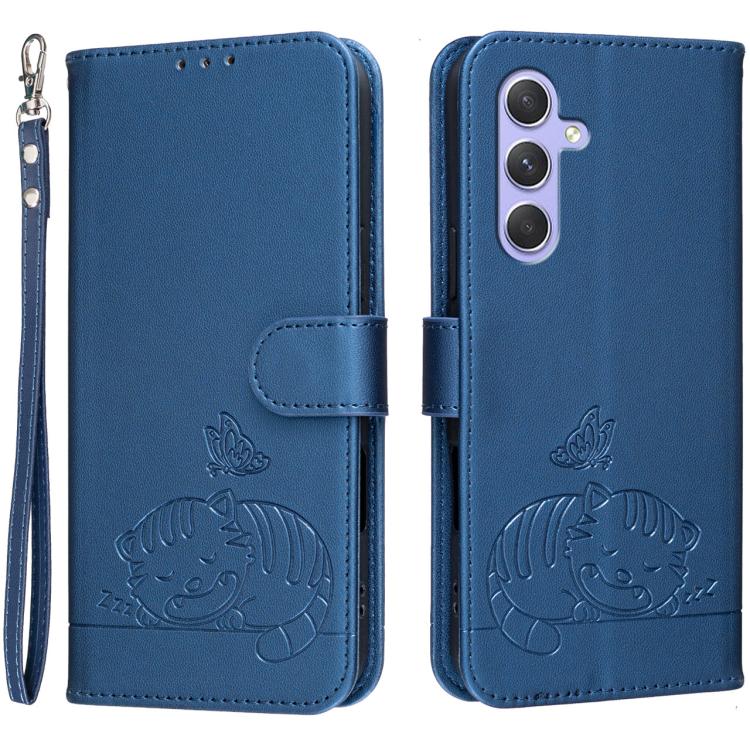 Custodia per telefono in ecopelle con cinturino e stampa a rilievo di gatto e farfalla, con protezione RFID., For Galaxy A16 5G / 4G, For Galaxy A15 5G, For Galaxy A55 5G