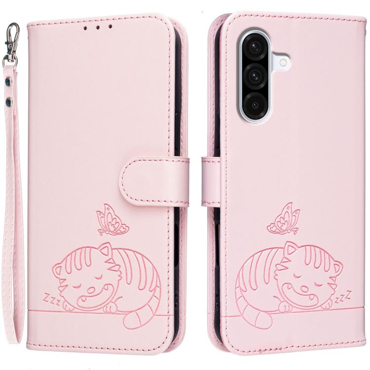 Custodia per telefono in ecopelle con cinturino e stampa a rilievo di gatto e farfalla, con protezione RFID., For Galaxy A57 5G, For Galaxy A37 5G, For Galaxy A27 5G