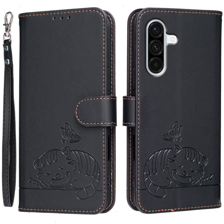 Custodia per telefono in ecopelle con cinturino e stampa a rilievo di gatto e farfalla, con protezione RFID., For Galaxy A57 5G, For Galaxy A37 5G, For Galaxy A27 5G