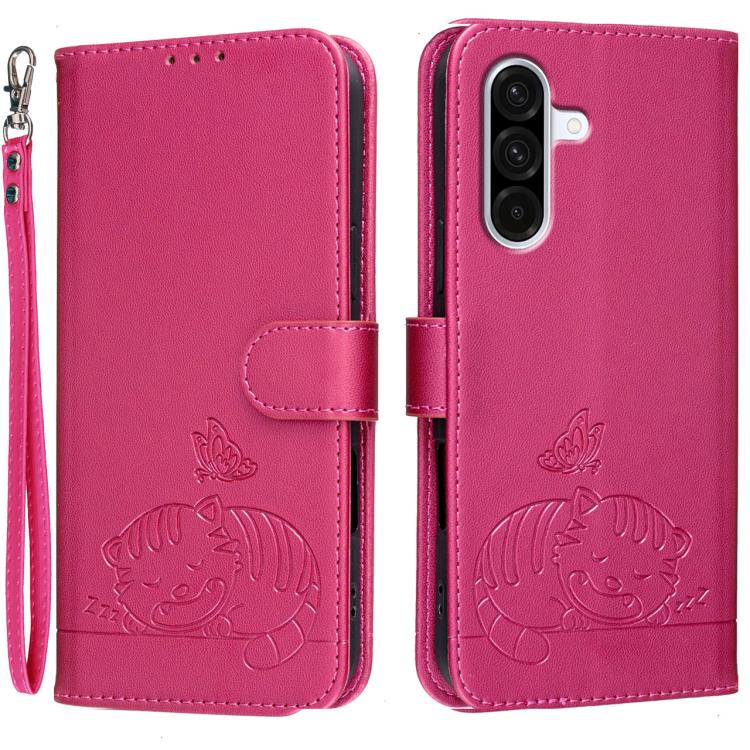 Custodia per telefono in ecopelle con cinturino e stampa a rilievo di gatto e farfalla, con protezione RFID., For Galaxy A57 5G, For Galaxy A37 5G, For Galaxy A27 5G