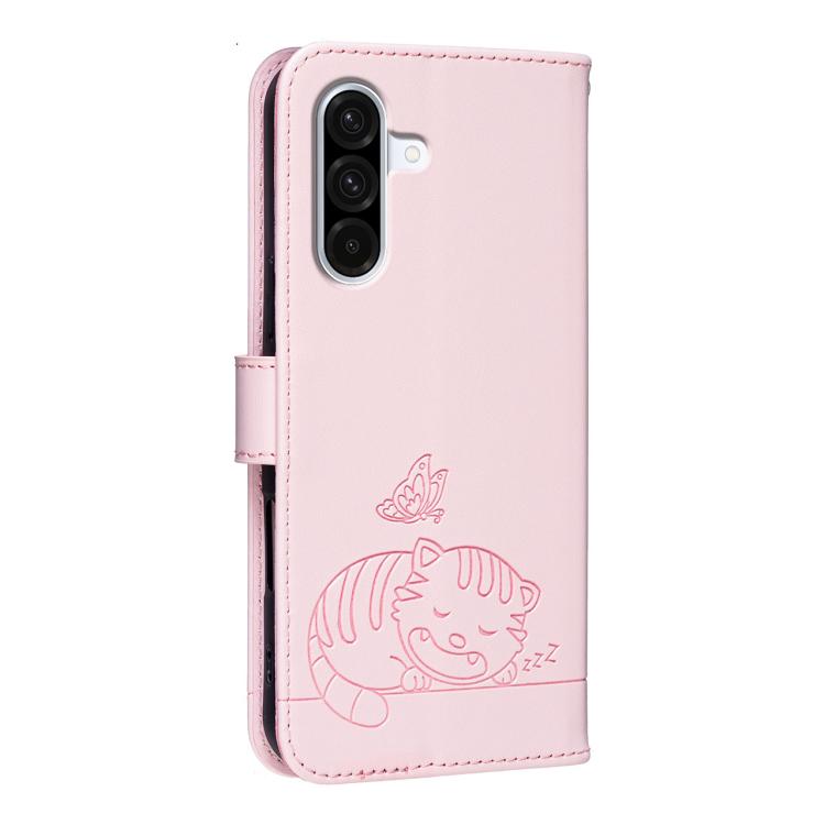 Custodia per telefono in ecopelle con cinturino e stampa a rilievo di gatto e farfalla, con protezione RFID., For Galaxy A57 5G, For Galaxy A37 5G, For Galaxy A27 5G