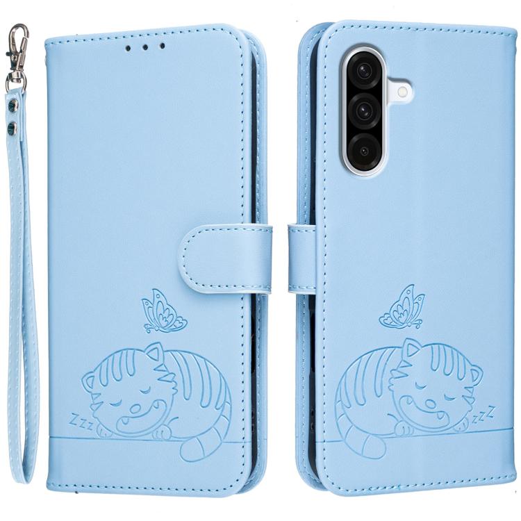 Custodia per telefono in ecopelle con cinturino e stampa a rilievo di gatto e farfalla, con protezione RFID., For Galaxy A57 5G, For Galaxy A37 5G, For Galaxy A27 5G