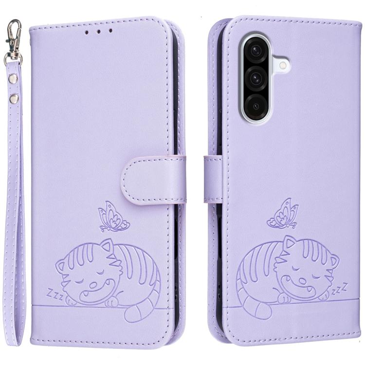 Custodia per telefono in ecopelle con cinturino e stampa a rilievo di gatto e farfalla, con protezione RFID., For Galaxy A57 5G, For Galaxy A37 5G, For Galaxy A27 5G