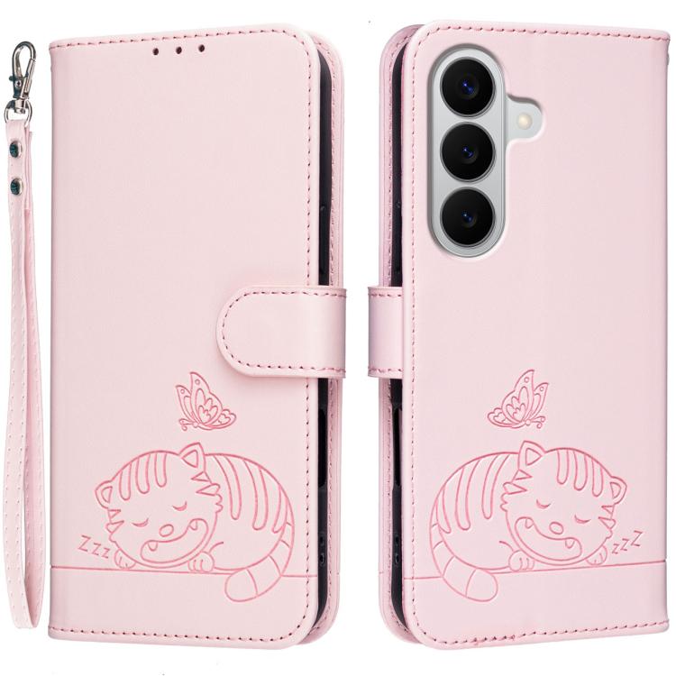 Custodia per telefono in ecopelle con cinturino e stampa a rilievo di gatto e farfalla, con protezione RFID., For Galaxy A57 5G, For Galaxy A37 5G, For Galaxy A27 5G