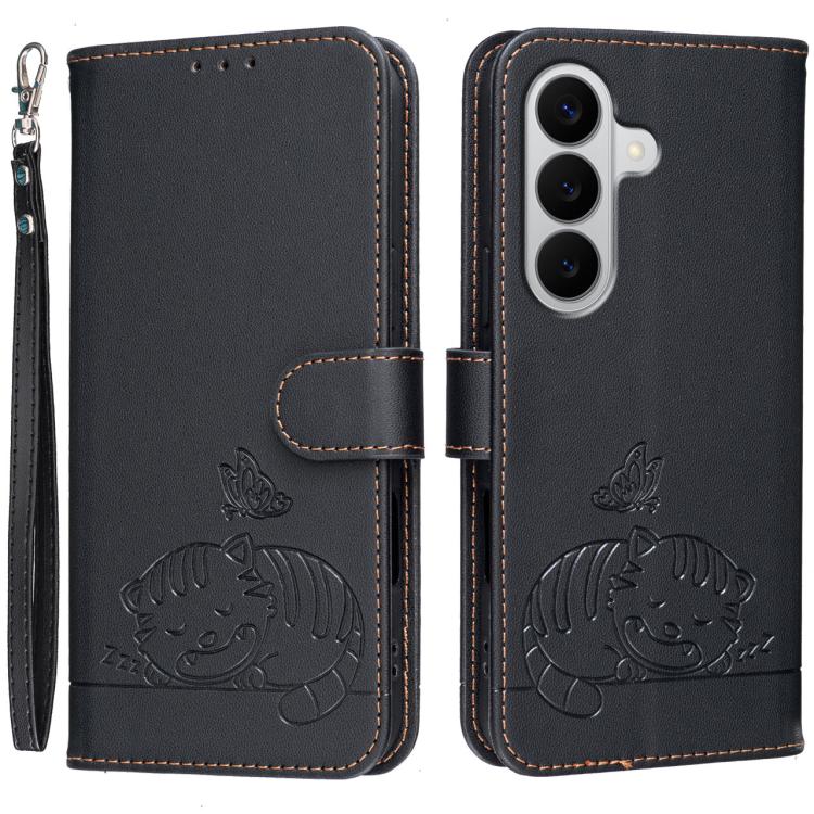 Custodia per telefono in ecopelle con cinturino e stampa a rilievo di gatto e farfalla, con protezione RFID., For Galaxy A57 5G, For Galaxy A37 5G, For Galaxy A27 5G