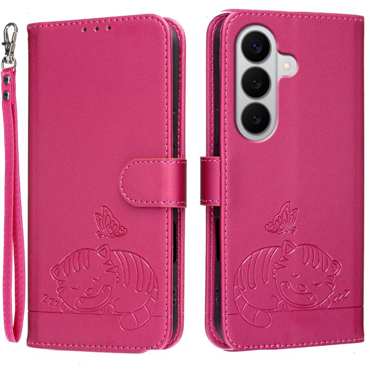 Custodia per telefono in ecopelle con cinturino e stampa a rilievo di gatto e farfalla, con protezione RFID., For Galaxy A57 5G, For Galaxy A37 5G, For Galaxy A27 5G