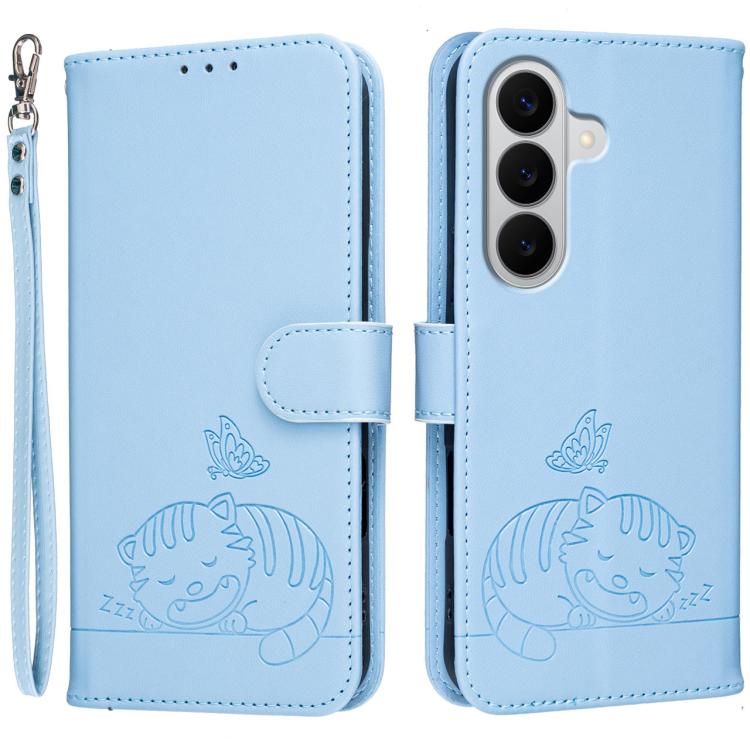 Custodia per telefono in ecopelle con cinturino e stampa a rilievo di gatto e farfalla, con protezione RFID., For Galaxy A57 5G, For Galaxy A37 5G, For Galaxy A27 5G