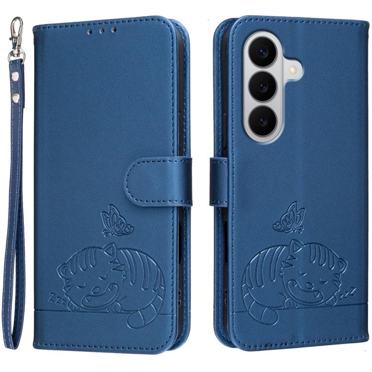 Custodia per telefono in ecopelle con cinturino e stampa a rilievo di gatto e farfalla, con protezione RFID., For Galaxy A57 5G, For Galaxy A37 5G, For Galaxy A27 5G
