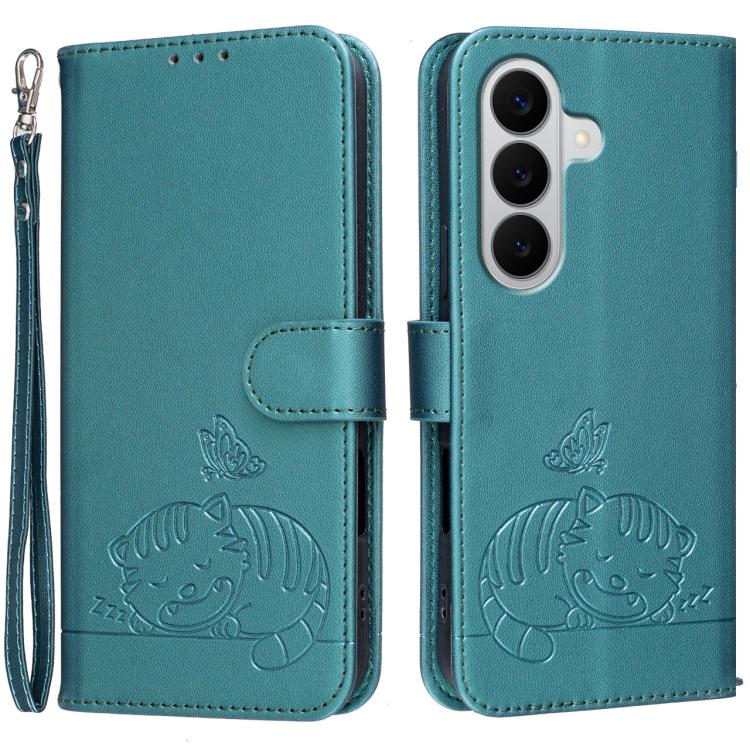 Custodia per telefono in ecopelle con cinturino e stampa a rilievo di gatto e farfalla, con protezione RFID., For Galaxy A57 5G, For Galaxy A37 5G, For Galaxy A27 5G