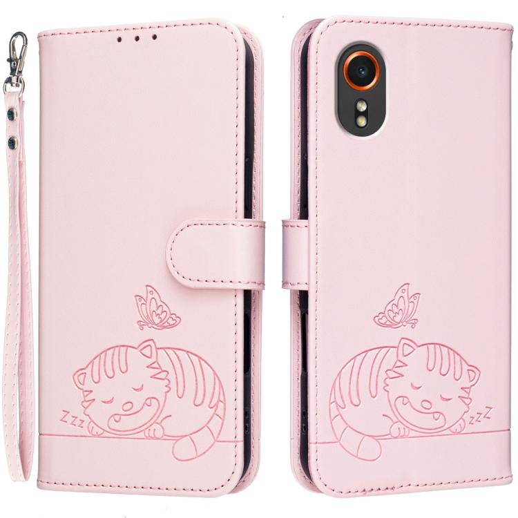 Custodia per telefono in ecopelle con cinturino e stampa a rilievo di gatto e farfalla, con protezione RFID., For Galaxy XCover7 Pro, For Galaxy Xcover7