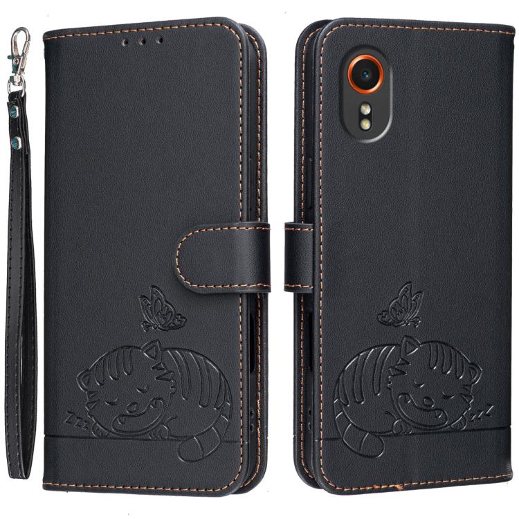 Custodia per telefono in ecopelle con cinturino e stampa a rilievo di gatto e farfalla, con protezione RFID., For Galaxy XCover7 Pro, For Galaxy Xcover7