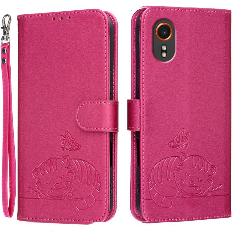 Custodia per telefono in ecopelle con cinturino e stampa a rilievo di gatto e farfalla, con protezione RFID., For Galaxy XCover7 Pro, For Galaxy Xcover7