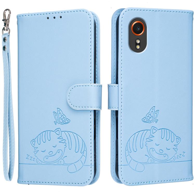 Custodia per telefono in ecopelle con cinturino e stampa a rilievo di gatto e farfalla, con protezione RFID., For Galaxy XCover7 Pro, For Galaxy Xcover7