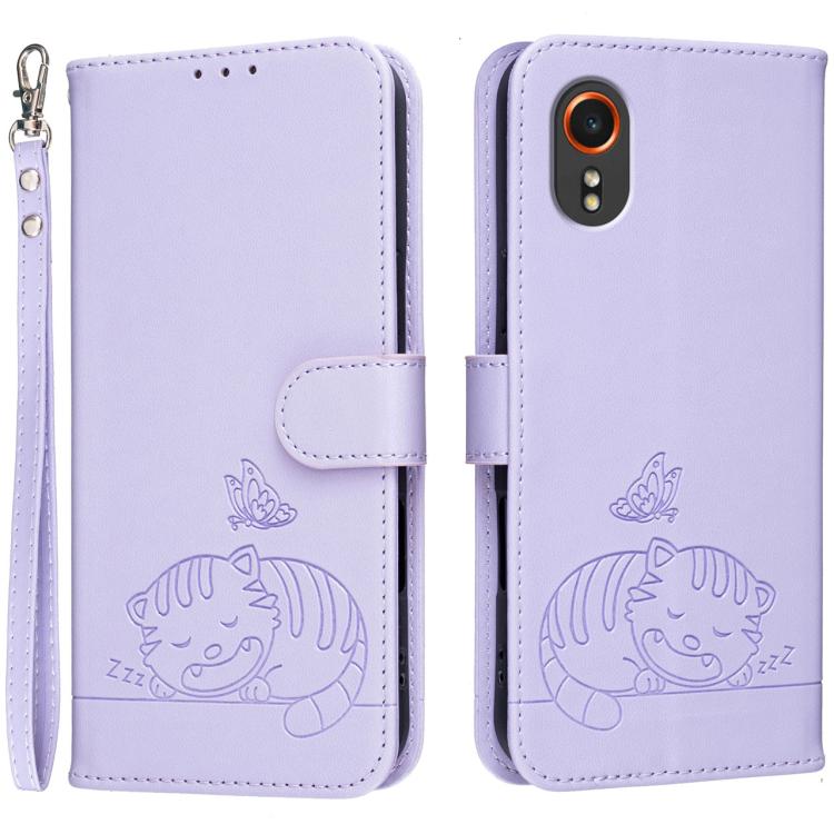 Custodia per telefono in ecopelle con cinturino e stampa a rilievo di gatto e farfalla, con protezione RFID., For Galaxy XCover7 Pro, For Galaxy Xcover7