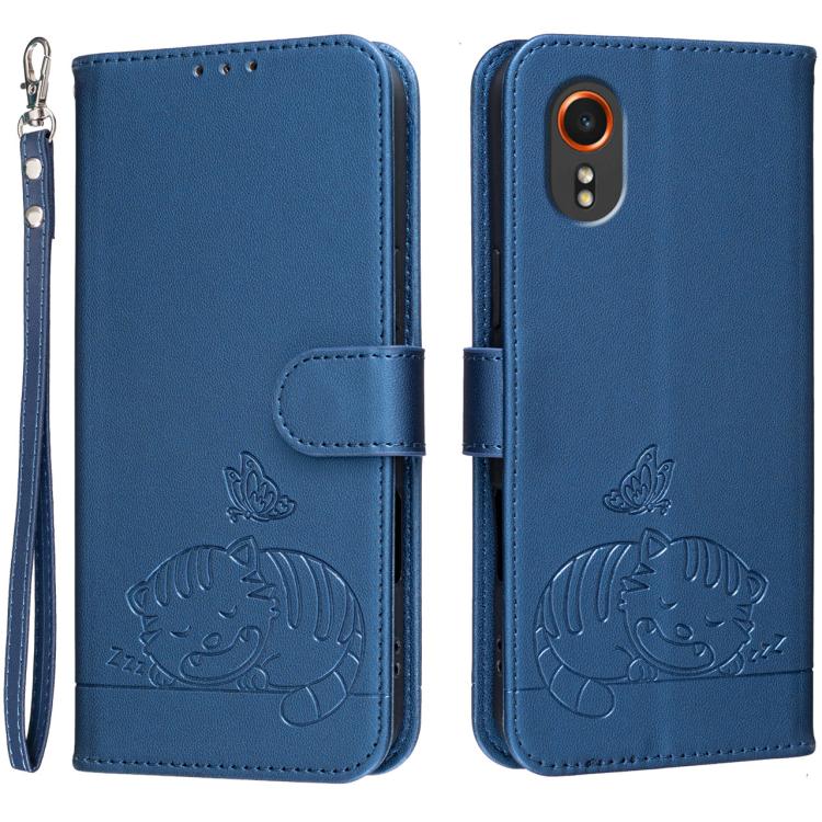 Custodia per telefono in ecopelle con cinturino e stampa a rilievo di gatto e farfalla, con protezione RFID., For Galaxy XCover7 Pro, For Galaxy Xcover7