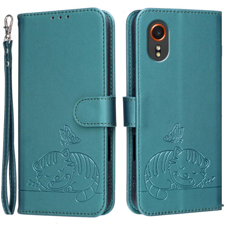 Custodia per telefono in ecopelle con cinturino e stampa a rilievo di gatto e farfalla, con protezione RFID., For Galaxy XCover7 Pro, For Galaxy Xcover7