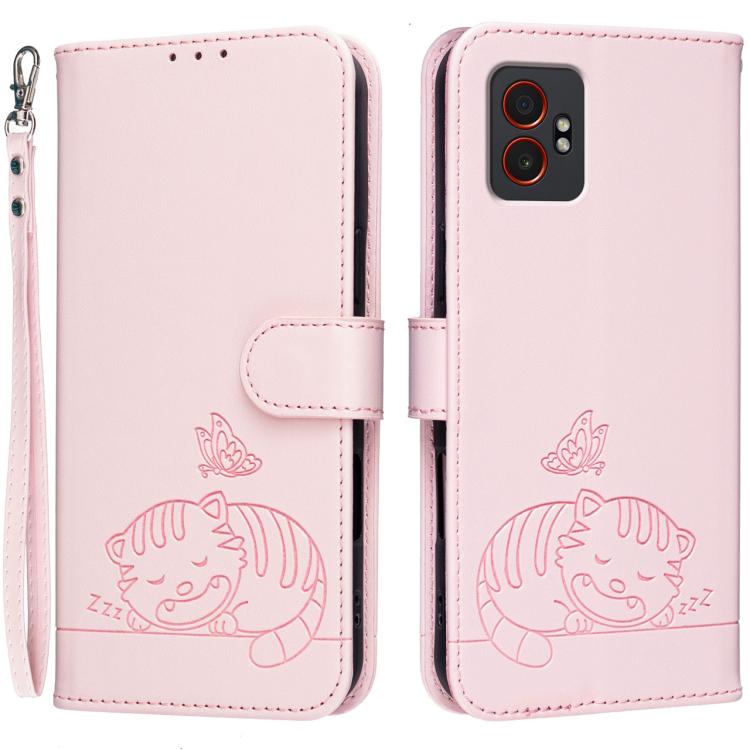 Custodia per telefono in ecopelle con cinturino e stampa a rilievo di gatto e farfalla, con protezione RFID., For Galaxy XCover7 Pro, For Galaxy Xcover7