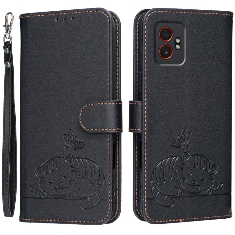 Custodia per telefono in ecopelle con cinturino e stampa a rilievo di gatto e farfalla, con protezione RFID., For Galaxy XCover7 Pro, For Galaxy Xcover7