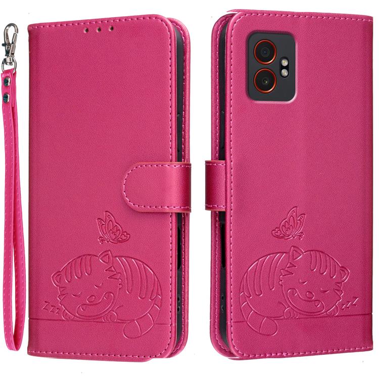 Custodia per telefono in ecopelle con cinturino e stampa a rilievo di gatto e farfalla, con protezione RFID., For Galaxy XCover7 Pro, For Galaxy Xcover7