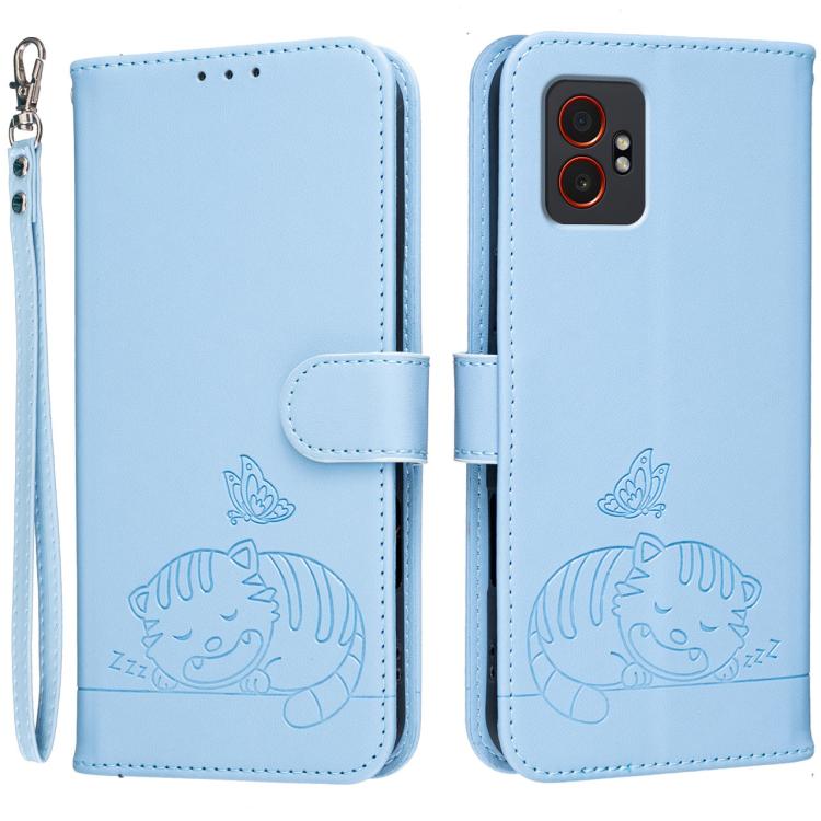Custodia per telefono in ecopelle con cinturino e stampa a rilievo di gatto e farfalla, con protezione RFID., For Galaxy XCover7 Pro, For Galaxy Xcover7