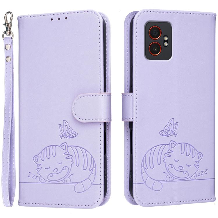 Custodia per telefono in ecopelle con cinturino e stampa a rilievo di gatto e farfalla, con protezione RFID., For Galaxy XCover7 Pro, For Galaxy Xcover7