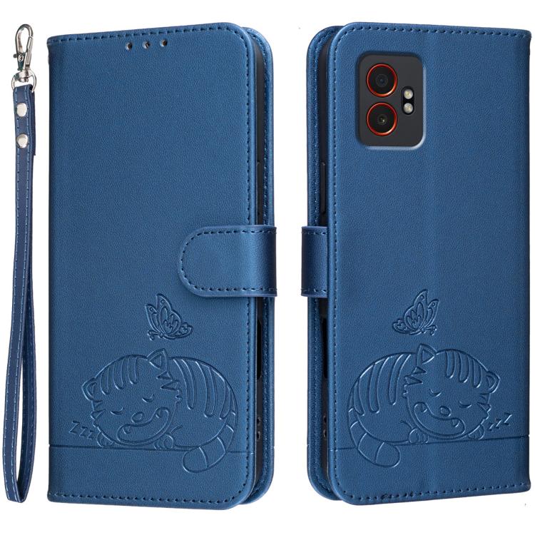 Custodia per telefono in ecopelle con cinturino e stampa a rilievo di gatto e farfalla, con protezione RFID., For Galaxy XCover7 Pro, For Galaxy Xcover7