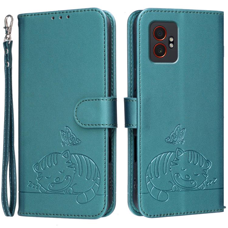 Custodia per telefono in ecopelle con cinturino e stampa a rilievo di gatto e farfalla, con protezione RFID., For Galaxy XCover7 Pro, For Galaxy Xcover7