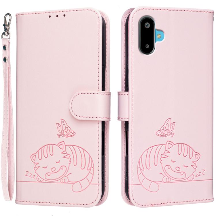 Custodia per telefono in ecopelle con cinturino e stampa a rilievo di gatto e farfalla, con protezione RFID., For Galaxy F06 5G, For Galaxy M35, For Galaxy M55