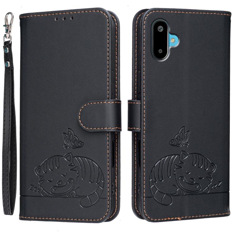 Custodia per telefono in ecopelle con cinturino e stampa a rilievo di gatto e farfalla, con protezione RFID., For Galaxy F06 5G, For Galaxy M35, For Galaxy M55
