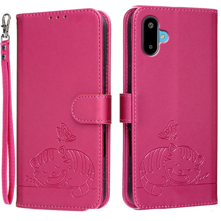 Custodia per telefono in ecopelle con cinturino e stampa a rilievo di gatto e farfalla, con protezione RFID., For Galaxy F06 5G, For Galaxy M35, For Galaxy M55