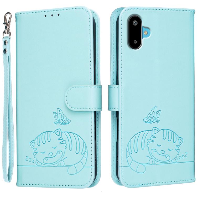 Custodia per telefono in ecopelle con cinturino e stampa a rilievo di gatto e farfalla, con protezione RFID., For Galaxy F06 5G, For Galaxy M35, For Galaxy M55