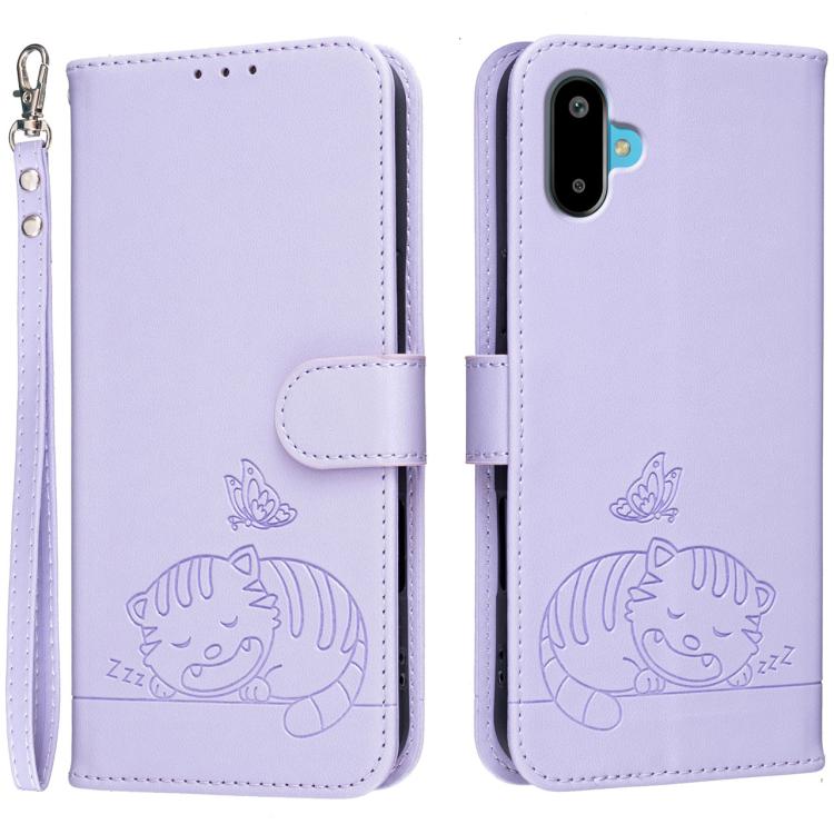 Custodia per telefono in ecopelle con cinturino e stampa a rilievo di gatto e farfalla, con protezione RFID., For Galaxy F06 5G, For Galaxy M35, For Galaxy M55