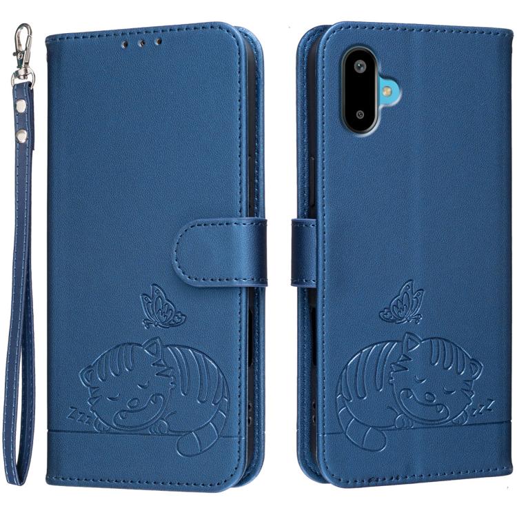 Custodia per telefono in ecopelle con cinturino e stampa a rilievo di gatto e farfalla, con protezione RFID., For Galaxy F06 5G, For Galaxy M35, For Galaxy M55