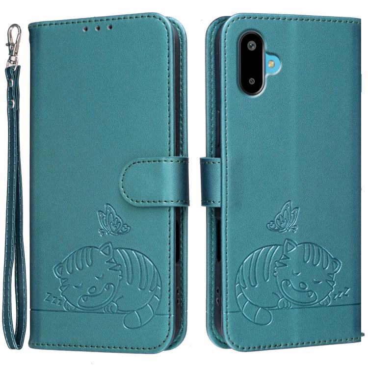 Custodia per telefono in ecopelle con cinturino e stampa a rilievo di gatto e farfalla, con protezione RFID., For Galaxy F06 5G, For Galaxy M35, For Galaxy M55
