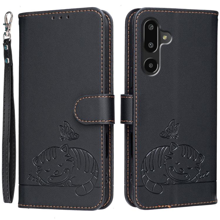 Custodia per telefono in ecopelle con cinturino e stampa a rilievo di gatto e farfalla, con protezione RFID., For Galaxy M36 5G, For Galaxy M56 5G, For Galaxy F16 5G