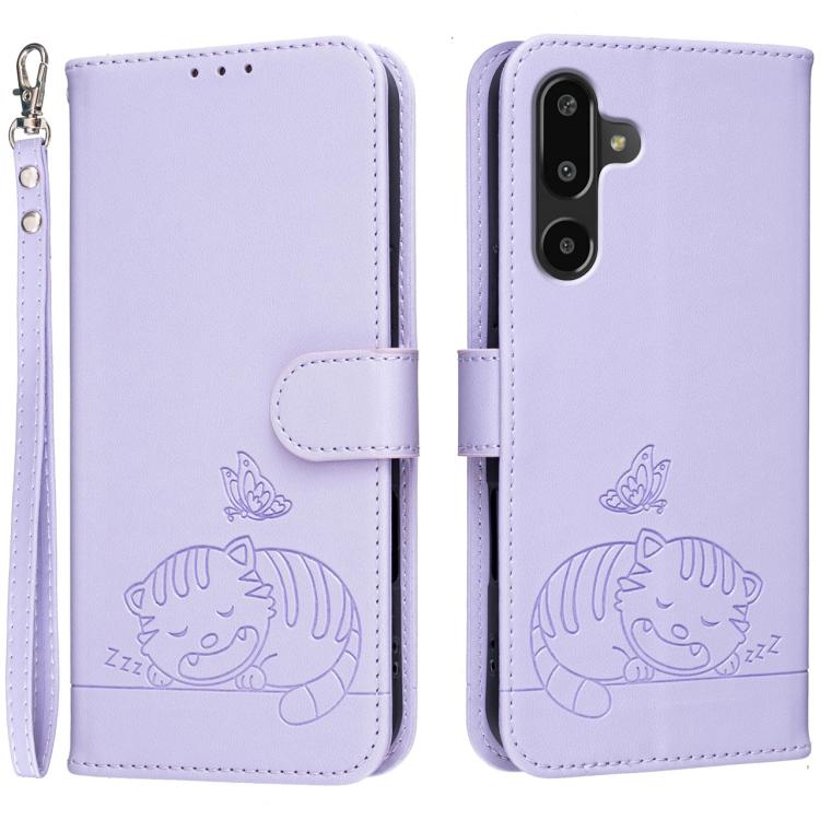 Custodia per telefono in ecopelle con cinturino e stampa a rilievo di gatto e farfalla, con protezione RFID., For Galaxy M36 5G, For Galaxy M56 5G, For Galaxy F16 5G