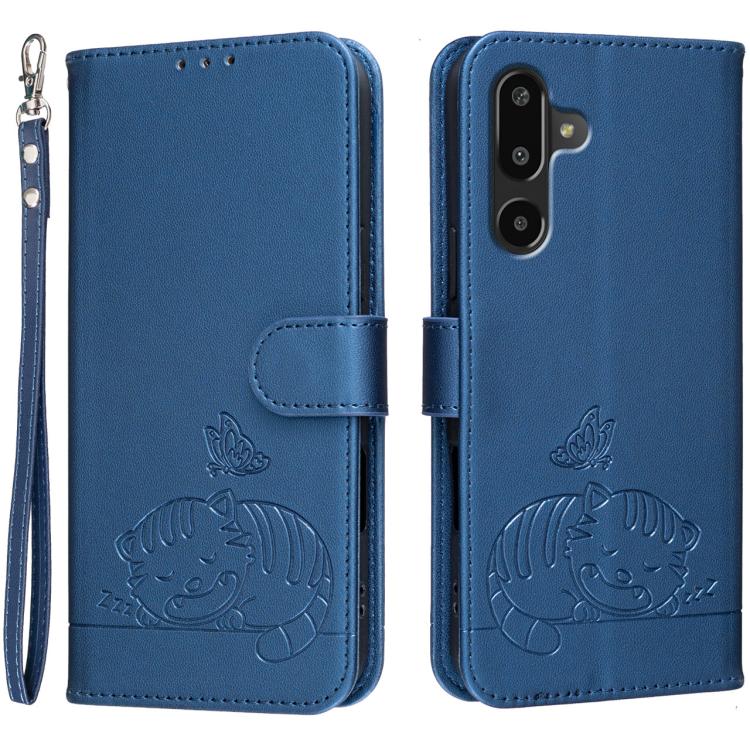 Custodia per telefono in ecopelle con cinturino e stampa a rilievo di gatto e farfalla, con protezione RFID., For Galaxy M36 5G, For Galaxy M56 5G, For Galaxy F16 5G