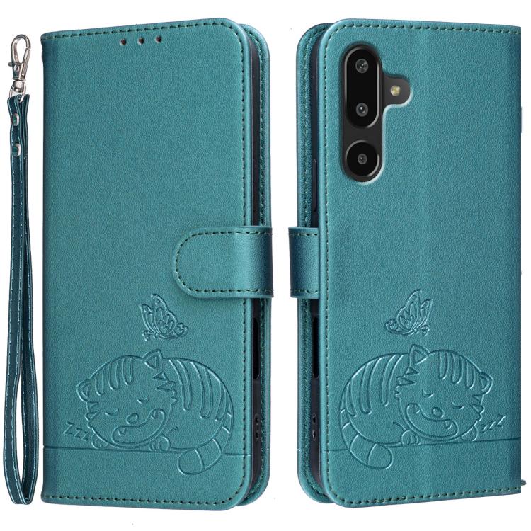 Custodia per telefono in ecopelle con cinturino e stampa a rilievo di gatto e farfalla, con protezione RFID., For Galaxy M36 5G, For Galaxy M56 5G, For Galaxy F16 5G