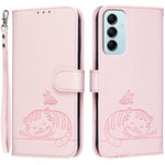 Custodia per telefono in ecopelle con cinturino e stampa a rilievo di gatto e farfalla, con protezione RFID., For Galaxy M14 5G