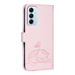 Custodia per telefono in ecopelle con cinturino e stampa a rilievo di gatto e farfalla, con protezione RFID., For Galaxy M14 5G