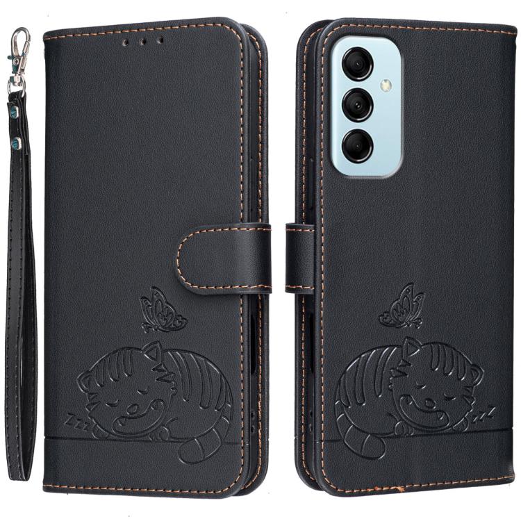 Custodia per telefono in ecopelle con cinturino e stampa a rilievo di gatto e farfalla, con protezione RFID., For Galaxy M14 5G