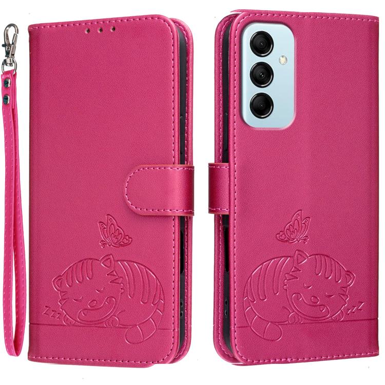 Custodia per telefono in ecopelle con cinturino e stampa a rilievo di gatto e farfalla, con protezione RFID., For Galaxy M14 5G