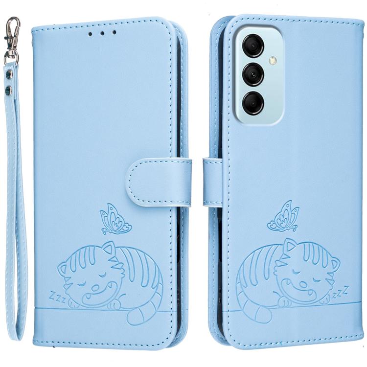 Custodia per telefono in ecopelle con cinturino e stampa a rilievo di gatto e farfalla, con protezione RFID., For Galaxy M14 5G
