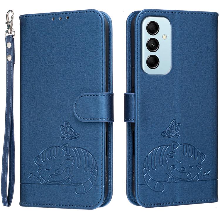 Custodia per telefono in ecopelle con cinturino e stampa a rilievo di gatto e farfalla, con protezione RFID., For Galaxy M14 5G