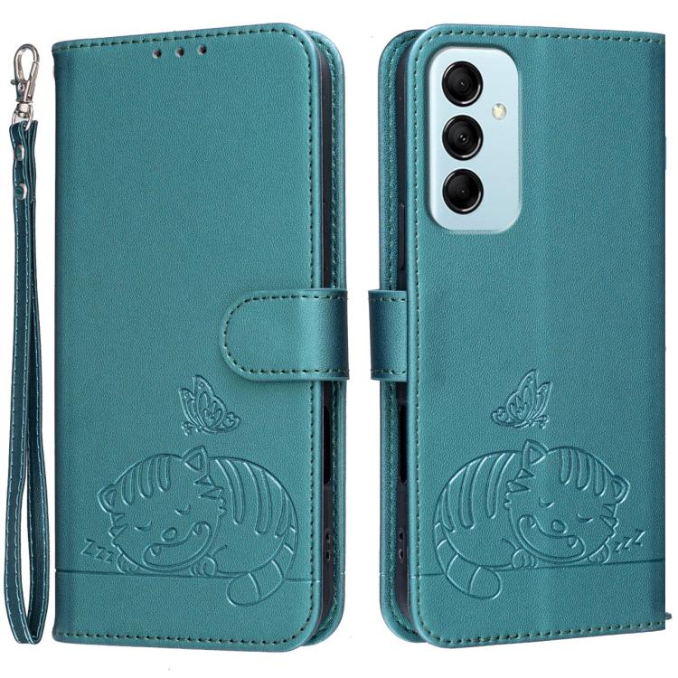 Custodia per telefono in ecopelle con cinturino e stampa a rilievo di gatto e farfalla, con protezione RFID., For Galaxy M14 5G
