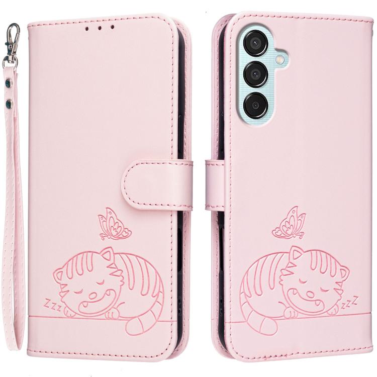 Custodia per telefono in ecopelle con cinturino e stampa a rilievo di gatto e farfalla, con protezione RFID., For Galaxy M15, For Galaxy M34 5G, For Galaxy M54