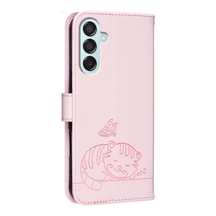 Custodia per telefono in ecopelle con cinturino e stampa a rilievo di gatto e farfalla, con protezione RFID., For Galaxy M15, For Galaxy M34 5G, For Galaxy M54