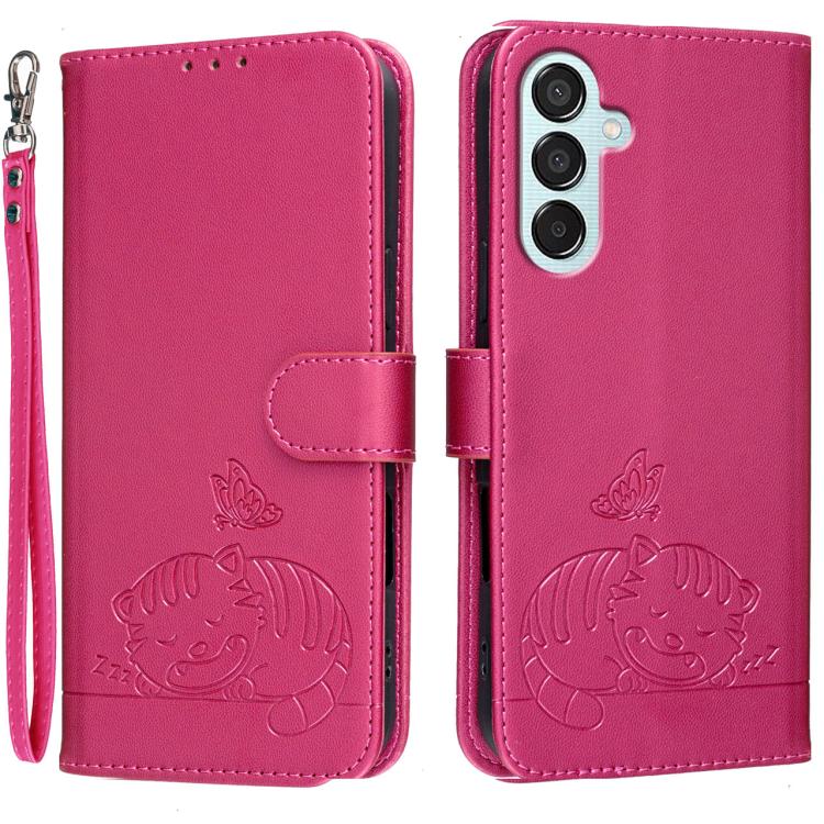 Custodia per telefono in ecopelle con cinturino e stampa a rilievo di gatto e farfalla, con protezione RFID., For Galaxy M15, For Galaxy M34 5G, For Galaxy M54